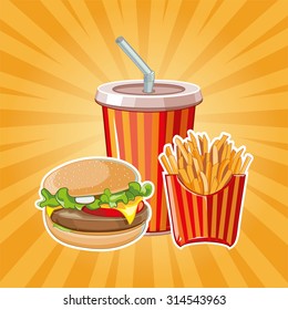 fast food: burger, plastic glass with cold drink and French fries