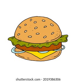 Comida rápida. Burger. Comida. Un aperitivo rápido. Vector. Crítica. Ilustración dibujada a mano.