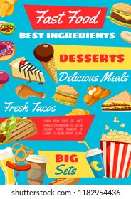 Fast food burger restaurant banner, takeaway meal and drink. Hamburger, cheeseburger and sandwich, hot dog, soda and fries, chicken nugget, donut and coffee, ice cream and popcorn