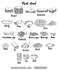 Fast food. Burger, sandwich, hot dog, wrap, pita, pizza, fried chicken wings, french fries, potato wedges, onion rings, sauce, donut, pie, ice cream, salad, plate, soda, water, tea, coffee. Isolated