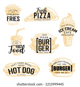 Fast food burger sandwich, pizza and french fries sketches with hand drawn lettering. Vector hamburger, hot dog and soda, ice cream, potato chips and cheeseburger, cafe or restaurant identity