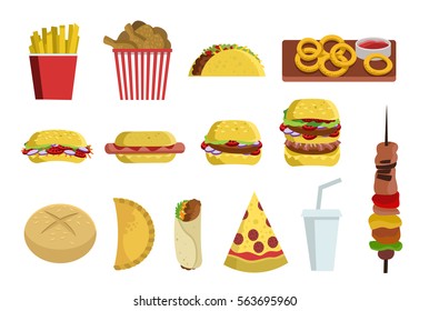 Fast Food Burger Sandwich Pizza Taco Onion Rings Kebab Hot Dog Chicken Wings Shawarma Bread Empanada Pie Soda Abd French Fries