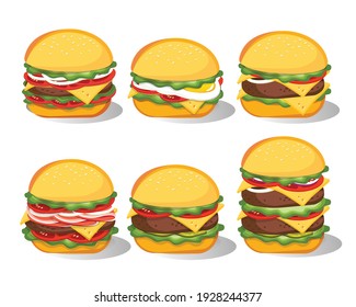 Fast Food Burger set isolated on white background, Fast food menu. Hamburger, cheeseburger, beef burger. Vector illustration