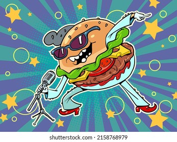 Fast Food Burger Sings On Stage, Artist Singer. Music And Food