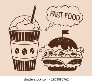 Fast food burger and soda takeaway cartoon set. Hand drawn glyph hamburger and coffee icon, sign. Card menu delicious fast food. Cheeseburger, beverage tasty unhealthy lunch. Vector illustration