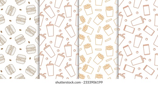 Fast food burger, soft drink, french fries seamless pattern vector collection