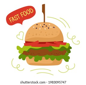 Fast food burger takeaway color cartoon set. Hand drawn glyph hamburger icon, sign speech bubble. Hipster card menu delicious fast food. Cheeseburger tasty unhealthy lunch. Vector illustration