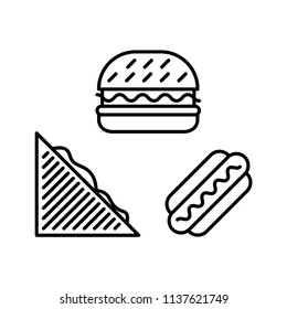 Fast food, burger, triangle sandwich and hot dog sandwich icons. Line vector. Isolate on white background.