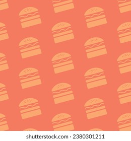 Fast food burger vector flat modern pattern design on orange background. Simple burger pattern for cafe, bar, restaurant menu, banner, web, wallpaper.
