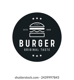 Fast Food Burger Vector Flat Modern Linear Logo, Label or Badge Design on White Background. Simple Burger Symbol for Cafe, Bar, Restaurant, Menu, Banner, Web.