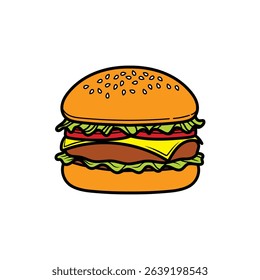 Fast food Burger Vector Image, Simple Hamburger Vector Illustration,  Burger Isolated Vector Cartoon Image.