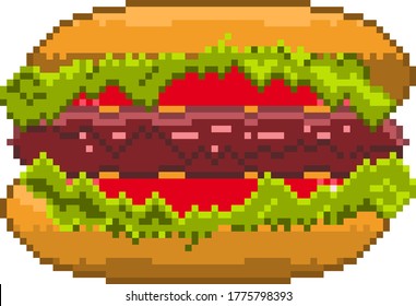 Fast food burger vector pixel art icon. 
With one meatball and tomato. For illustration, advertising, print, web, poster, icon, pictogram, packaging.