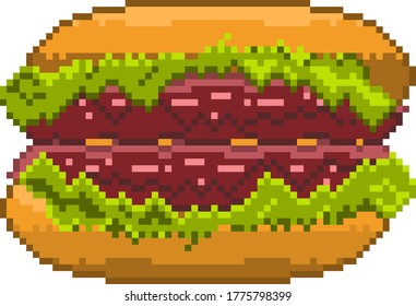 Icono de arte de píxeles vectoriales de hamburguesa de comida rápida. 
Con dos albóndigas. Para ilustración, publicidad, impresión, web, afiche, icono, pictograma, empaque.