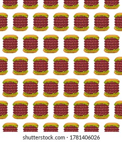 Fast food burger vector pixel art seamless pattern. With five meatballs. For illustration, advertising, print, web, poster, icon, pictogram, packaging, fabric, wallpaper