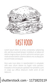 Fast food burger with vegetable, cutlet and cheese slice stuffing. Takeaway or carry-out meal poster with sketch hamburger for snackbar or restaurant.