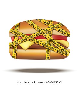 fast food burger with workout time tapes. Vector Illustration isolated on white background.