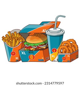Fast food burger xl menu vector illustration. Fast food menu hamburger, french fries, cola and onion rings vector set.