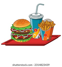 Fast food burger xl menu vector illustration. Fast food burger menu hamburger, french fries and cola vector illustration.