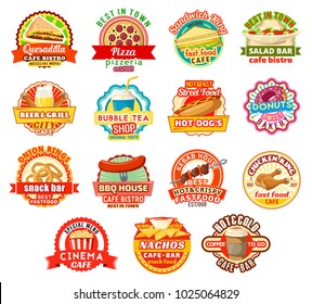 Fast Food Burgers Cafe Or Mexican Fastfood Restaurant Icons. Vector Isolated Set Of Bbq Hot Dog Sausage, Pizza Or Quesadilla And Burrito, Kebab Grill And Nachos Or Cheeseburger And Chicken Nuggets