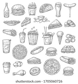 Hamburguesas de comida rápida, bebidas y postres iconos vectoriales. Sándwich de pizza y hamburguesa, alitas de pollo, peggets y hot dog, burrito y tacos, papas fritas y fideos, helado y palomitas de maíz