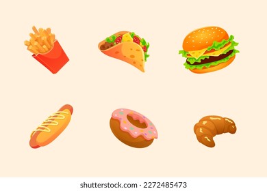 Fast food with burgers, french fries, donuts and more, vector illustration
