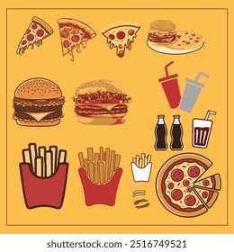 Fast Food Burgers, Pizza, Bottle, Finger Chips cup, Drinks Illustration's Sets 