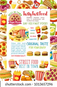 Fast food burgers, pizza and sandwiches poster design for fastfood restaurant or delivery menu template. Vector cheeseburger, hamburger meals combo of hot dog and popcorn, ice cream and donut dessert