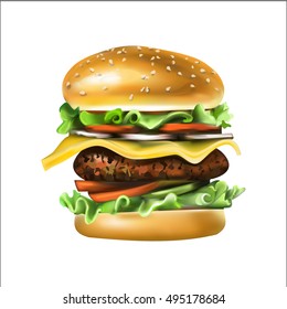 fast food, burgers, salads, chicken, steak, cheese, tomato, illustration, detailed drawing vector