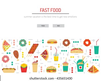 Fast food, burgers, sandwiches, tasty food. Meals fast food, drawn in a flat style. Fast food elements of street culture eating. Vector fast food menu.  Fast  food isolated