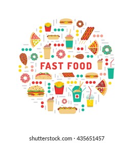 Fast food, burgers, sandwiches, tasty food. Meals fast food, drawn in a flat style. Fast food elements of street culture eating. Fast food menu set. Vector fast food menu.