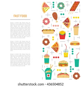 Fast food, burgers, sandwiches, tasty food. Meals fast food, drawn in a flat style. Fast food elements of street culture eating. Fast  food isolated. Flat fast food menu