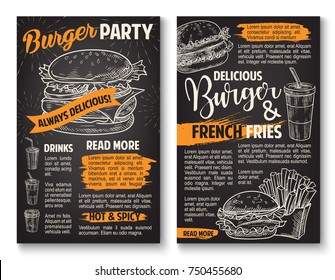 Fast food burgers sketch posters for fastfood restaurant menu. Vector cheeseburger or hamburger sandwich, soda or coffee drink and french fries snack for cinema bar or fastfood bistro design template