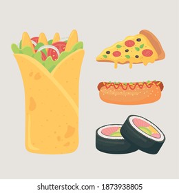 fast food, burrito sishi hot dog and pizza icons vector illustration