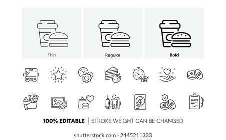 Fast food, Bus and Time management line icons. Pack of Hdd, Cake, Savings icon. Quick tips, Clipboard, Fraud pictogram. Rank star, Puzzle image, Savings insurance. Medical vaccination. Vector
