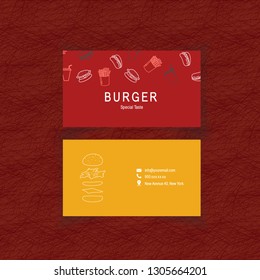 Fast Food Business Card Template. Red Orange Backgrounds. Outlines Of Different Types Of Fast Food