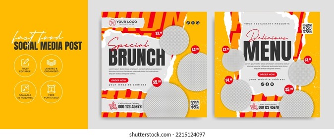 Fast food business marketing social media banner post template. Restaurant pizza and american burger online advertisement poster. Healthy food and drink sale flyer with trendy abstract background.