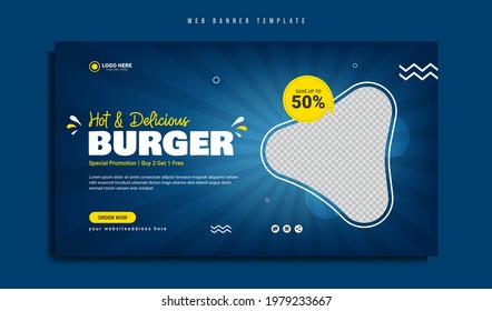 Fast food business promotion web banner template design. Restaurant healthy burger online sale social media marketing cover or flyer. Corporate website vector graphic background with icon and logo.