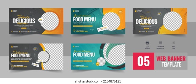 Fast food business promotion web banner template design, Restaurant healthy burger online sale social media marketing cover or flyer set