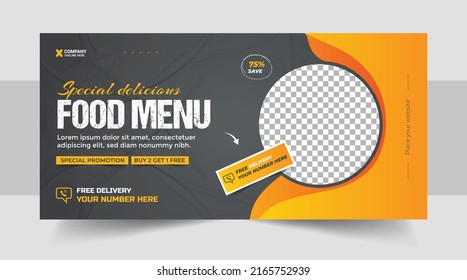 Fast food business promotion web banner template design, Restaurant healthy burger online sale social media marketing cover or flyer