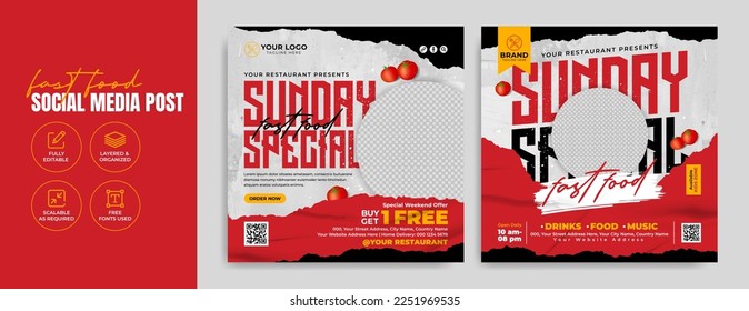 Fast food business social media marketing banner template. Healthy burger, hamburger or pizza brand promotion web post or flyer. American restaurant online advertisement trendy poster background.