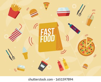 Fast Food Cafe Banner, Street Food Restaurant Meals and Drinks Menu Banner, Poster. Cafeteria Paper Packet, French Fries Portion, Sliced Pizza, Coffee, Cola and Juice Cup Flat Vector Illustration