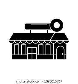 Fast food cafe building black icon concept. Fast food cafe building  vector sign, symbol, illustration.