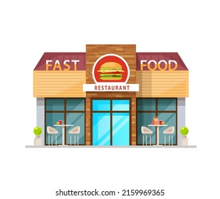 Fast food cafe building, vector restaurant exterior cartoon design with wide windows, glass door, signboard and outdoor area with tables and chairs. Fastfood shop facade, isolated city archtecture