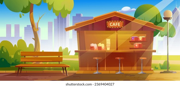 Fast food cafe in city public park. Cartoon vector landscape of garden with green trees, bench and kiosk with snacks and chairs on background of multistory buildings. Summer or spring street scene.