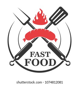 Fast food cafe emblem template. Crossed fork and kitchen spatula with sausage. Design element for logo, label, emblem, sign. Vector illustration