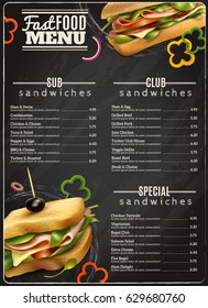 Fast food cafe healthy options wholegrain wheat multigrain sandwiches blackboard menu realistic advertisement poster print vector illustration 