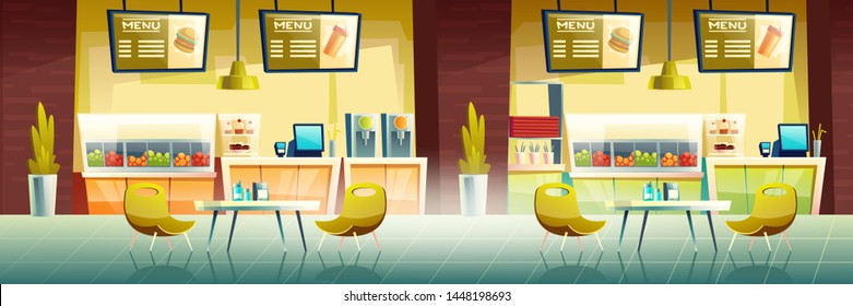 Fast food cafe interior with cashier desks, showcases, burgers and drinks menu banners, tables and chairs. Empty cafeteria with furniture, fastfood court or restaurant. Cartoon vector illustration