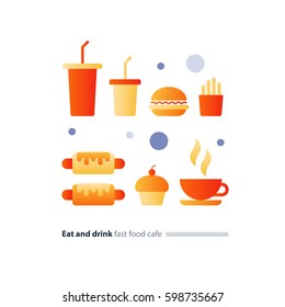 Fast food cafe items, hot-dog burger, cupcake symbol, tea coffee cup, eat and drink, snacks icon set vector flat design illustration