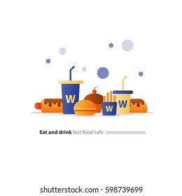 Fast food cafe items set, hot-dog and burger icons, large and small drinks, eat and drink vector flat design illustration