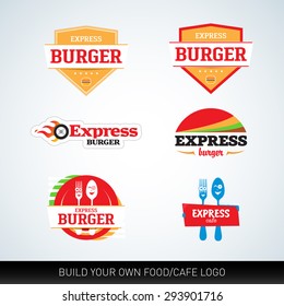 Fast food and cafe logotypes vector set. Food logotype templates, badge or t-shirt graphic design concepts. Fork and spoon cartoon characters.